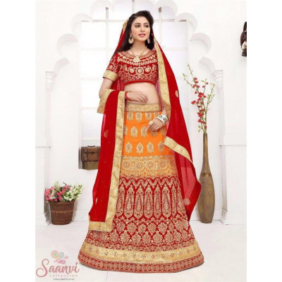 Orange And Bright Red Embroidered Lehenga
