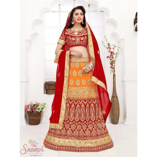 Orange And Bright Red Embroidered Lehenga
