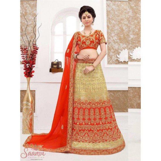 Gold And Bright Red Embroidered Lehenga