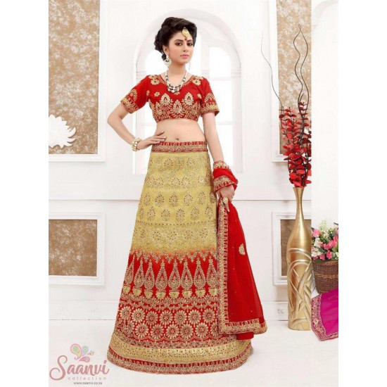 Gold And Dark Red Embroidered Lehenga