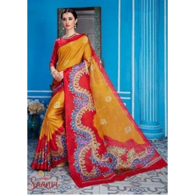 Bright Orange And Red Silk Saree
