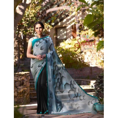 Turquoise And Black Floral Saree
