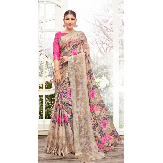 Fabulous For Spring  Brown Gold and Pink Saree